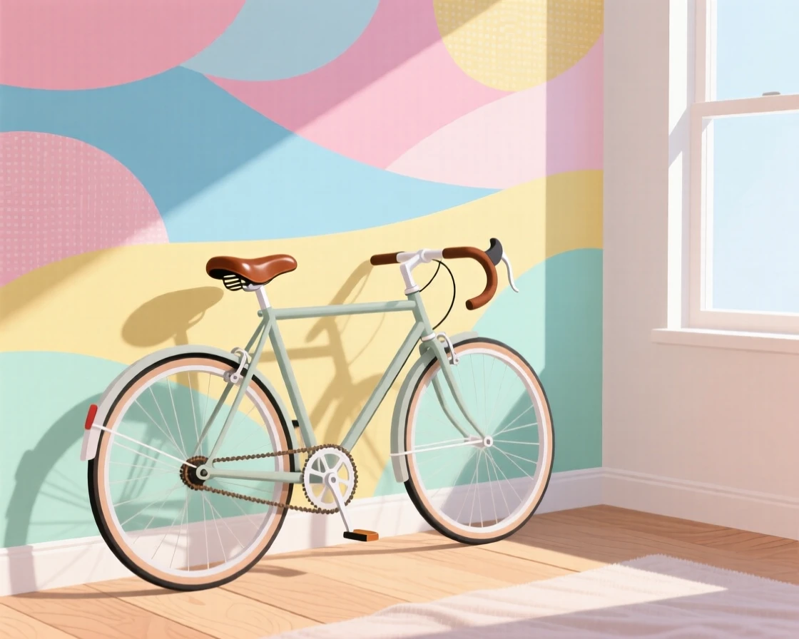 A bicycle leaning against a colorful painted wall, set in a bright, sunlit room with soft natural light, arranged with layered textures creating visual interest, with gentle pastel tones evoking calm and comfort.