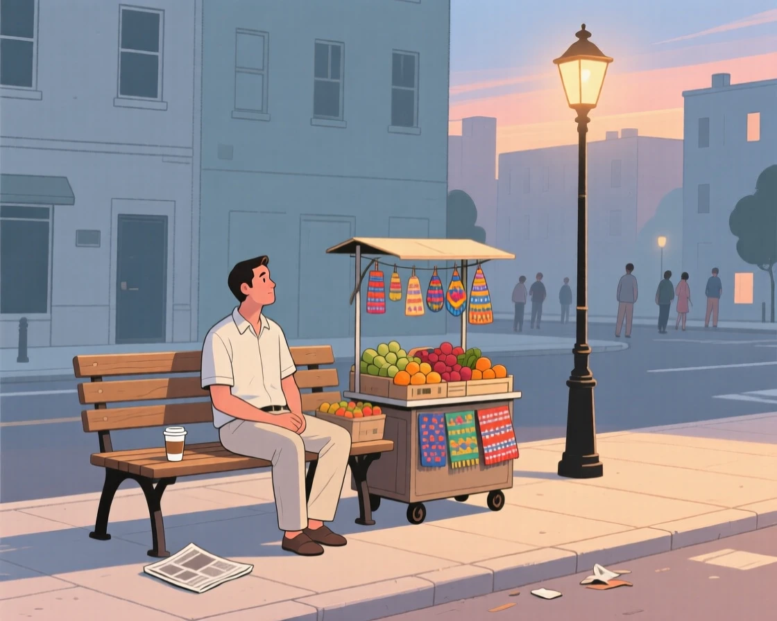 A street vendor people-watching from a bench on a quiet summer evening in the city.
