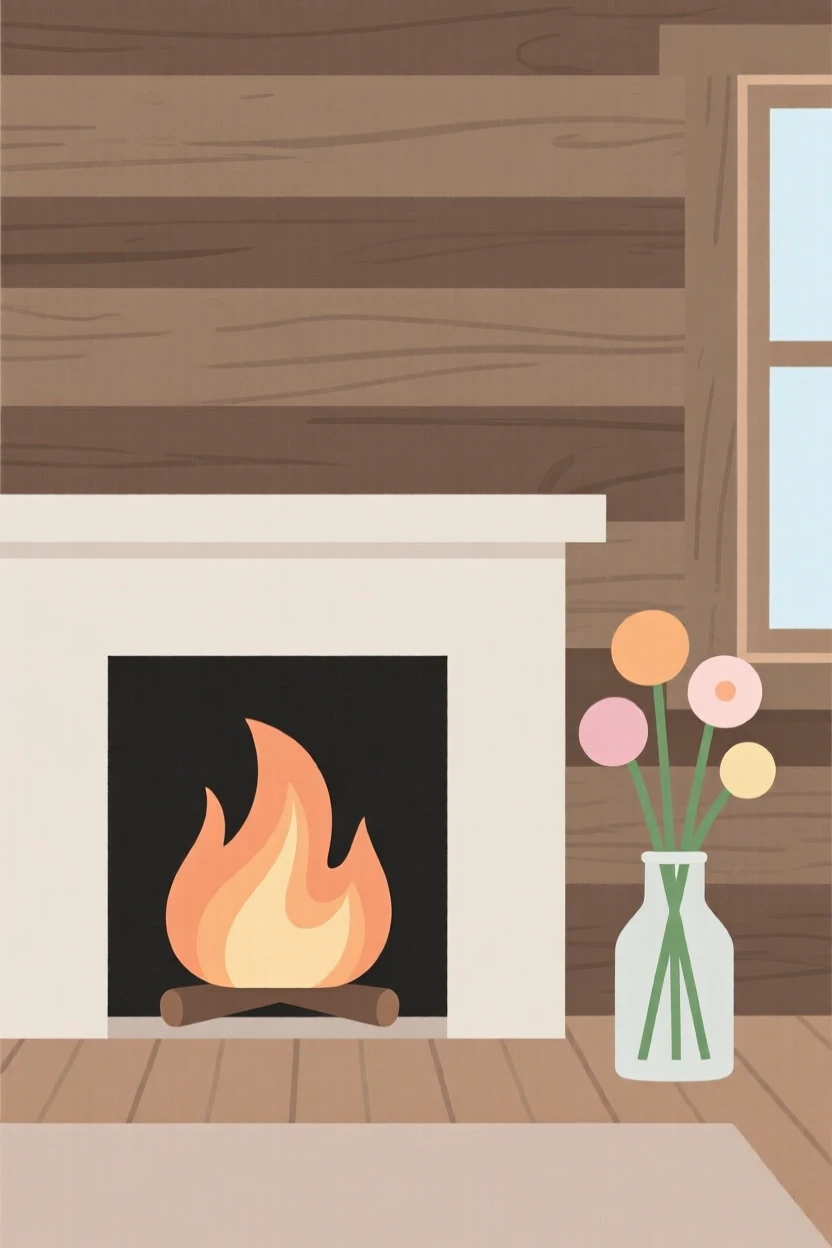 A morning scene of fireplace hearth resting in a cabin retreat beside fresh cut flowers, radiating mindful presence.