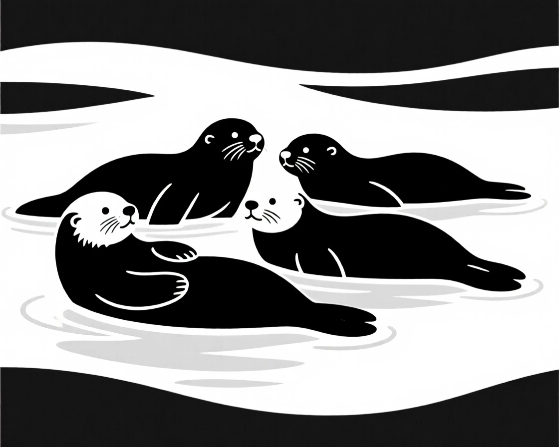 A group of sea otters floating together in the deep blue sea.