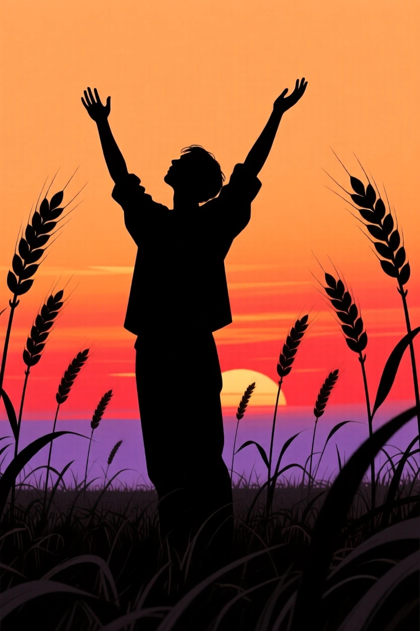 A person standing in a wheat field with arms raised, face turned to the sky.