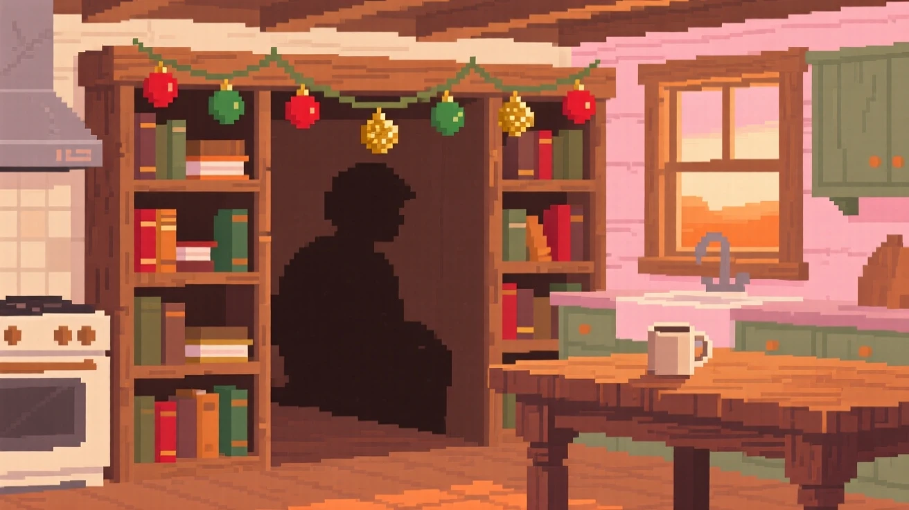 A cozy library alcove decorated for the holidays with tiny ornaments, in a farmhouse kitchen at sunrise.