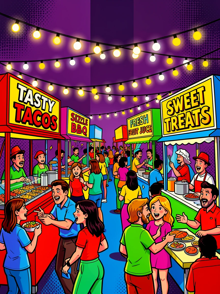 A bustling night bazaar lit with string lights and food stalls