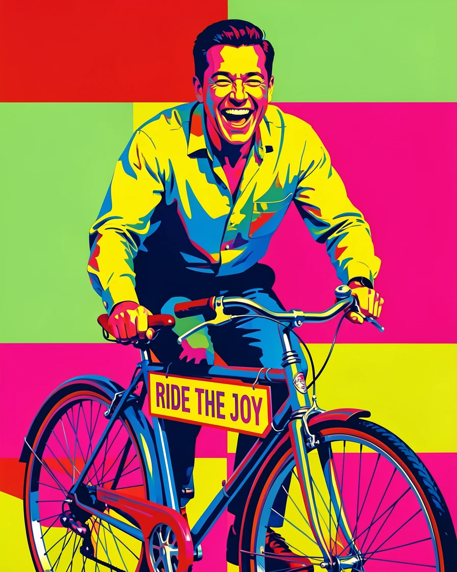 Man laughing while riding a vintage bicycle