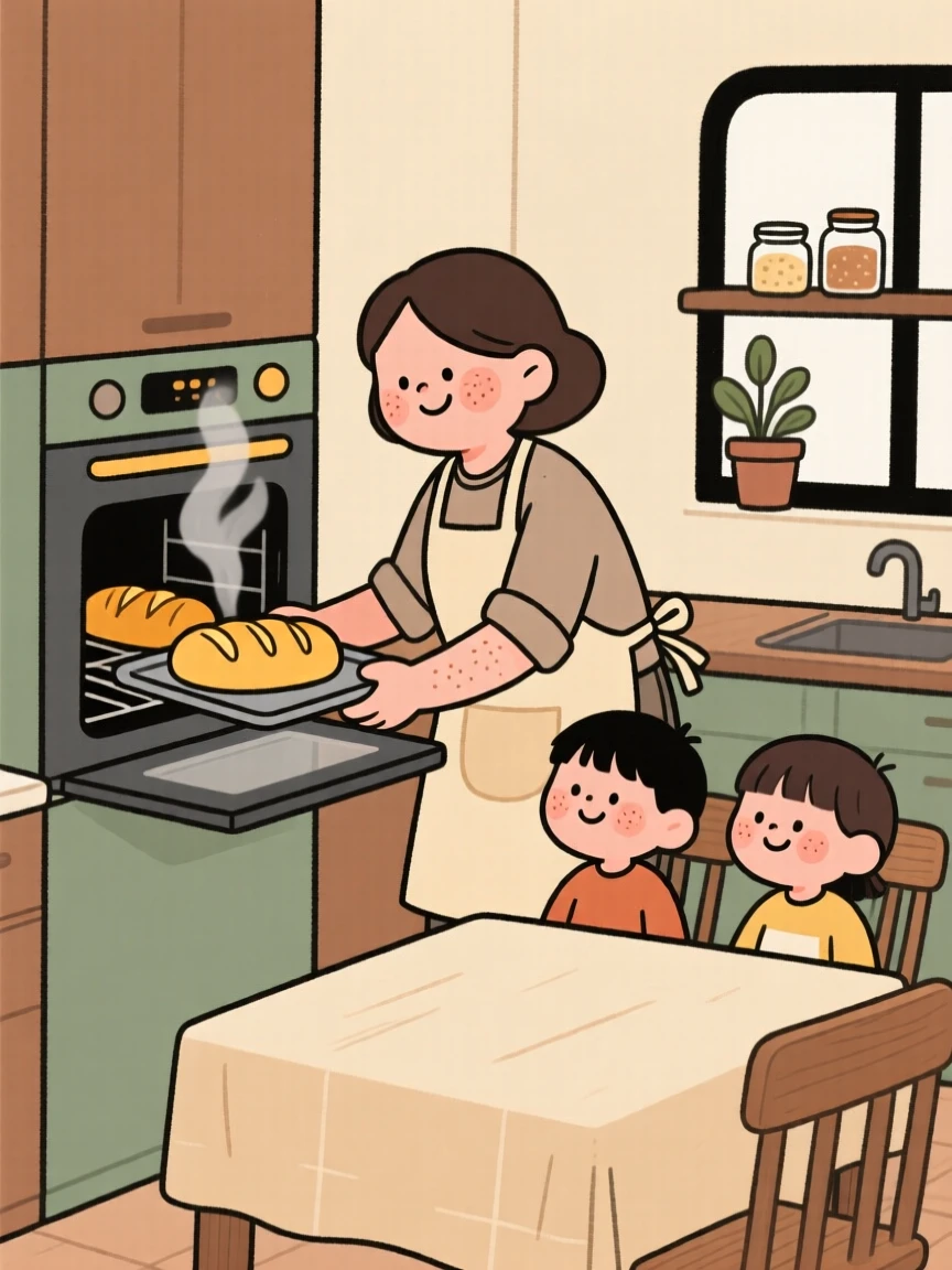 A home cook pulls a tray of golden loaves of bread from the oven in a cozy home kitchen, steam rising as children wait eagerly at the table.