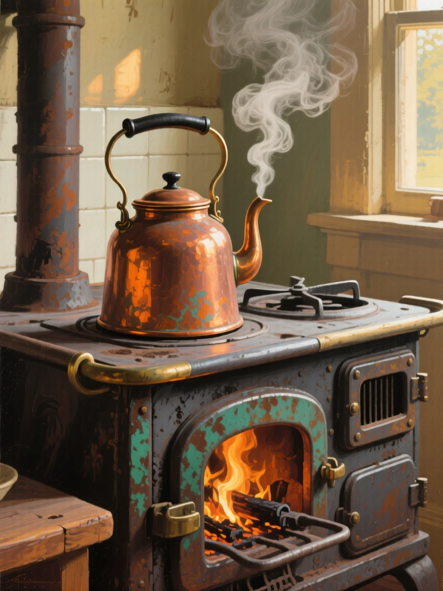 A balanced composition of a copper kettle steaming on a wood-burning stove, in the interwar years, in bright warm sunshine.