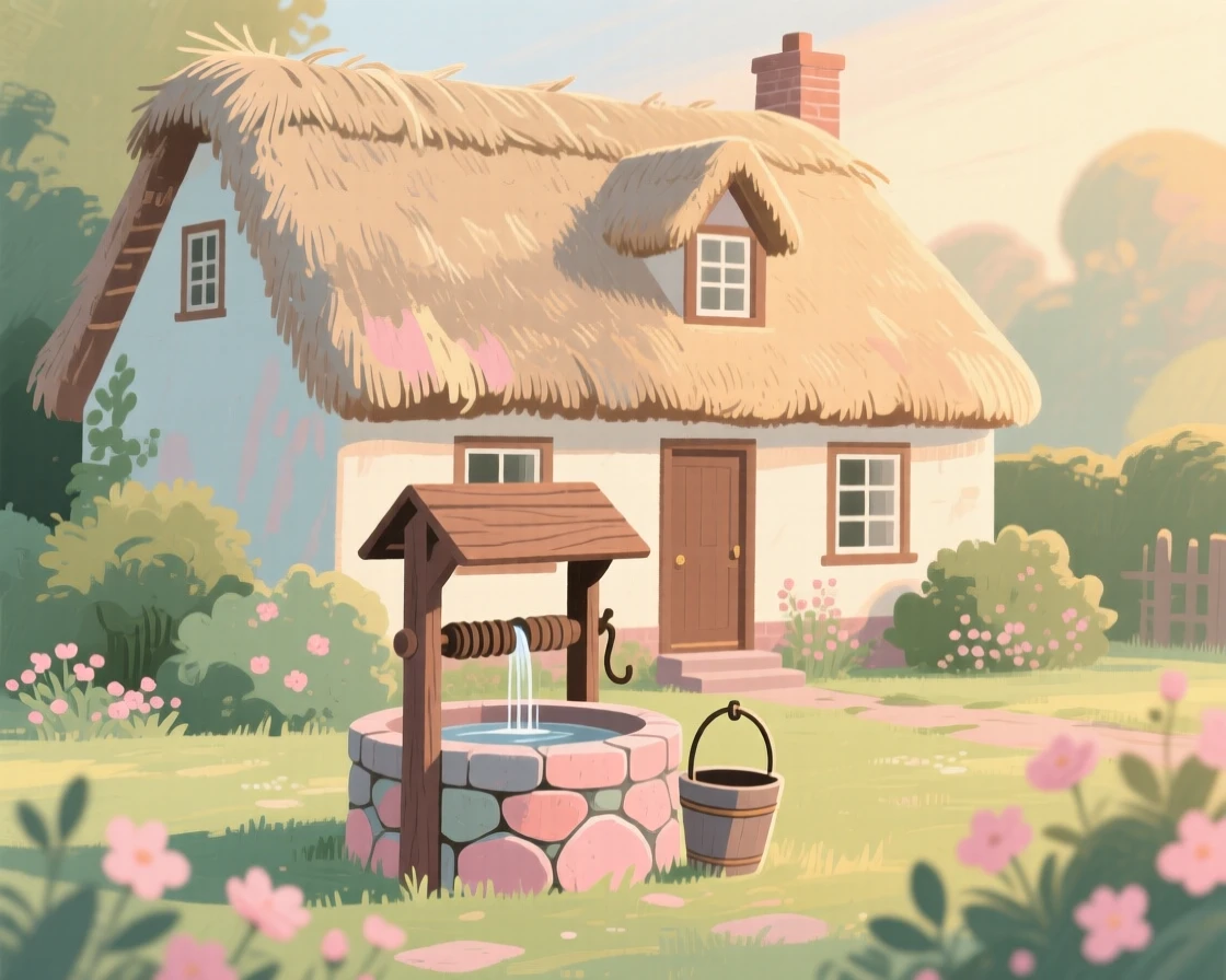 A thatched cottage with a wishing well in its front garden