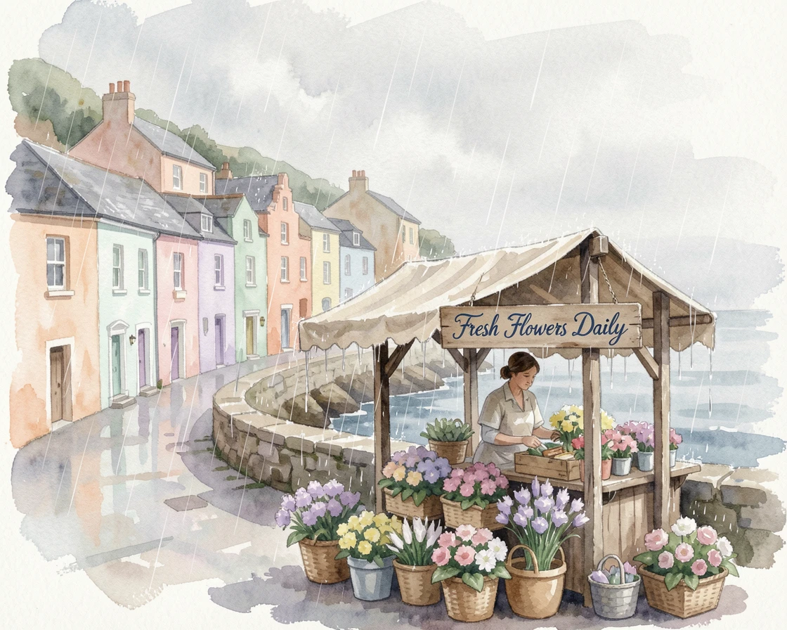 A coastal town with pastel buildings stacked up a hillside in gentle rain with a local vendor selling fresh flowers.