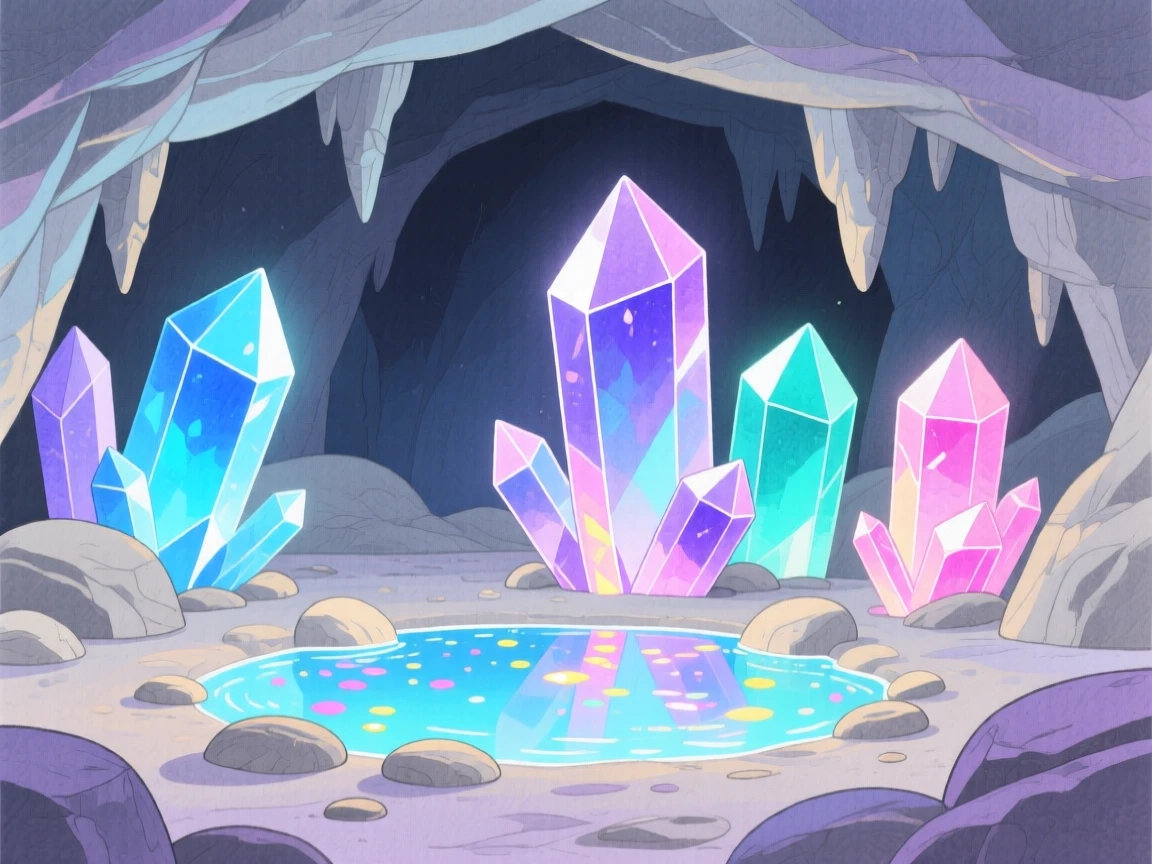An awe-inspiring look at a crystal cavern lit by glowing gems.