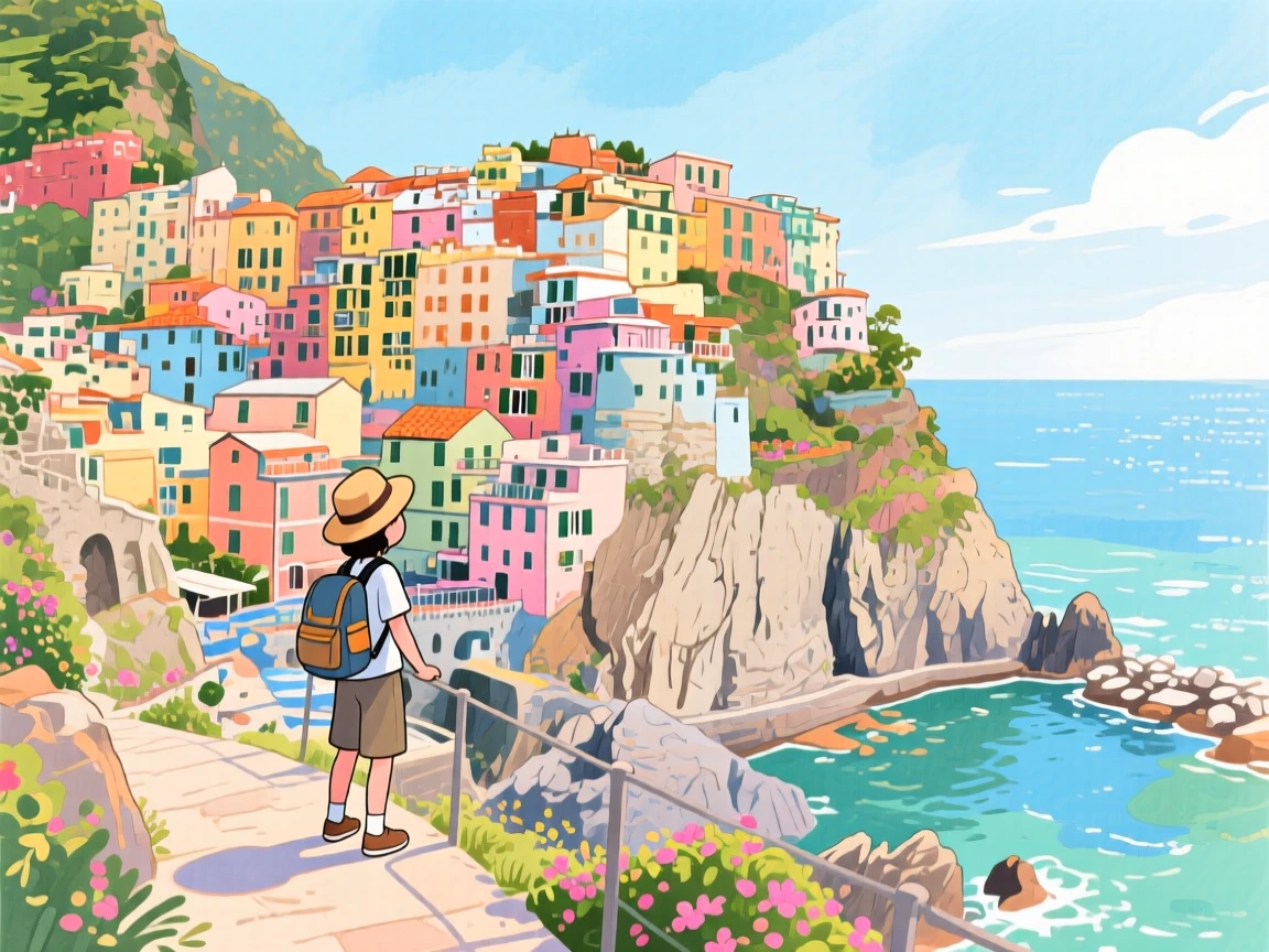 A traveler pauses to soak in the view amid the colorful houses of Cinque Terre clinging to a cliffside, capturing the wonder of discovering a new place.
