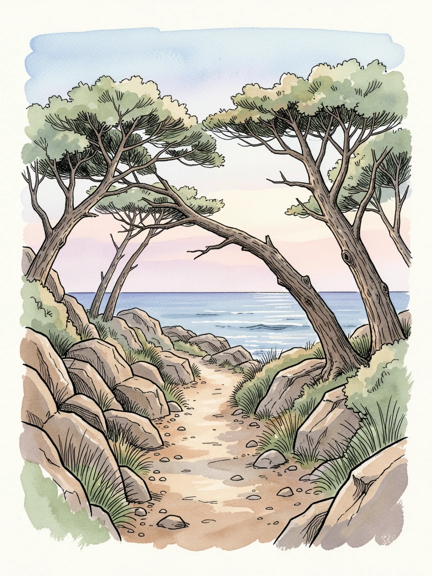 A rugged coastal trail winding along wind-bent cypress trees, the scene bathed in the soft blue light of early dawn.