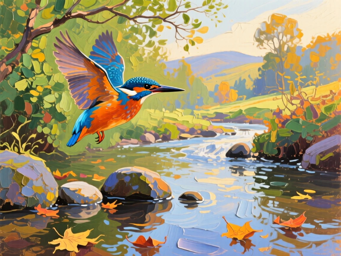 a kingfisher poised above a clear stream, during a calm afternoon, with a clear foreground, subject, and distant setting.