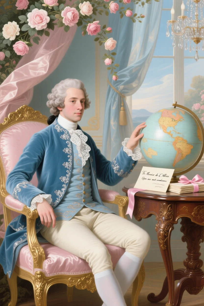 A gentleman in formal attire seated beside a globe and a stack of letters  