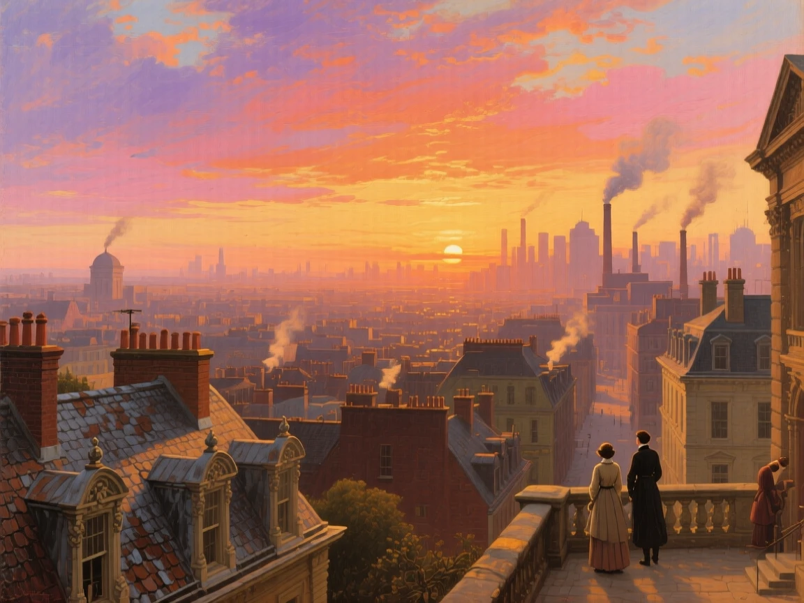 Rooftops stretch across a city skyline glowing under a setting sun.
