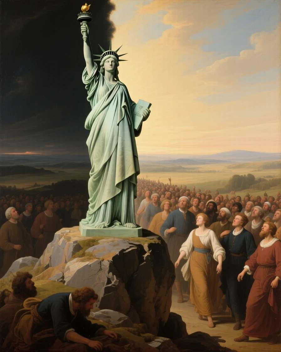 The spirit of Liberty leading a crowd toward the light in a moment charged with timeless symbolic meaning, set atop a rocky promontory overlooking a vast unknown, with contrasting elements of darkness and radiance framing the scene; contrasting light and shadow divide the canvas into meaningful halves, suggesting hope, transformation, and the endurance of the human spirit.