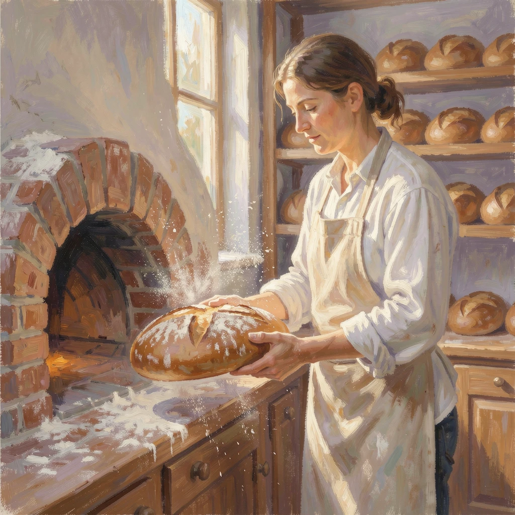 A baker dusted in flour, pulling a fresh loaf from a brick oven in the early morning light.