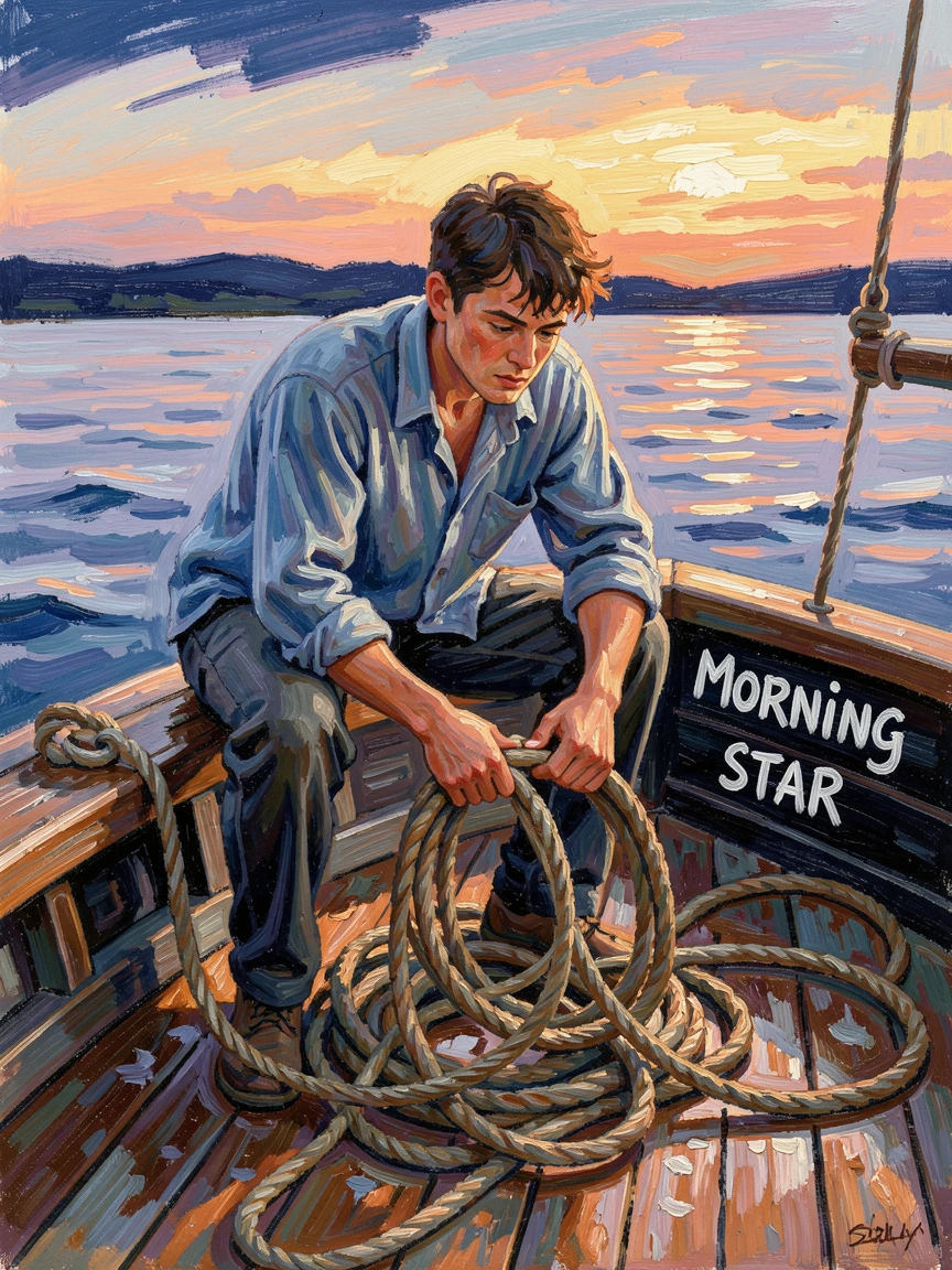 A young fisherman coiling rope on the deck of a boat as dawn breaks over calm water.