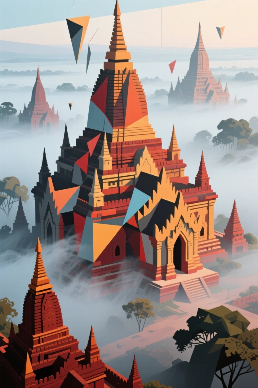 A breathtaking view of the temples of Bagan, wrapped in soft morning mist.