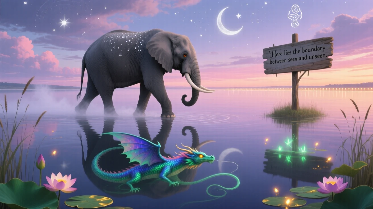 An elephant walking calmly across the surface of a still lake travels slowly across a horizon streaked with soft color, as its reflection shows a slightly different creature entirely.