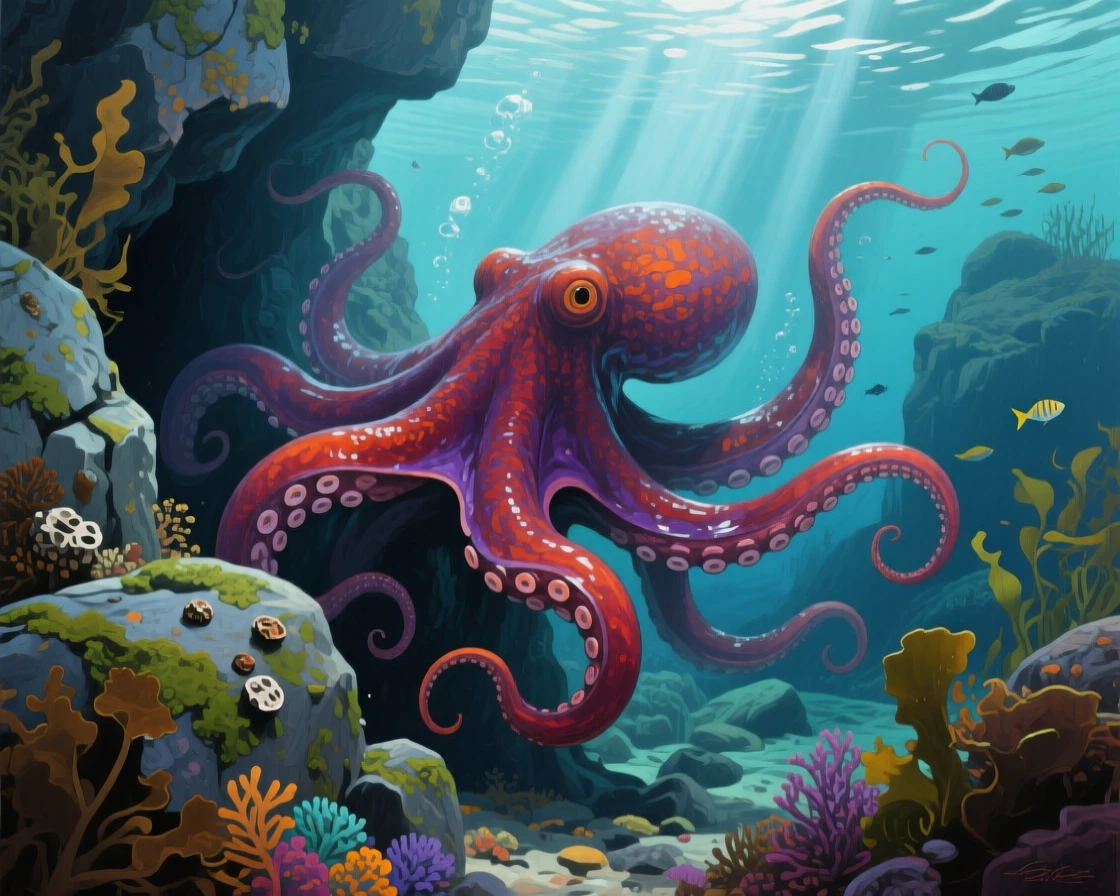 A giant Pacific octopus explores a rocky crevice off the coast of British Columbia, its eight arms unfurling gracefully as it searches for food, the play of light across its form emphasizing the animal's natural grace and presence.