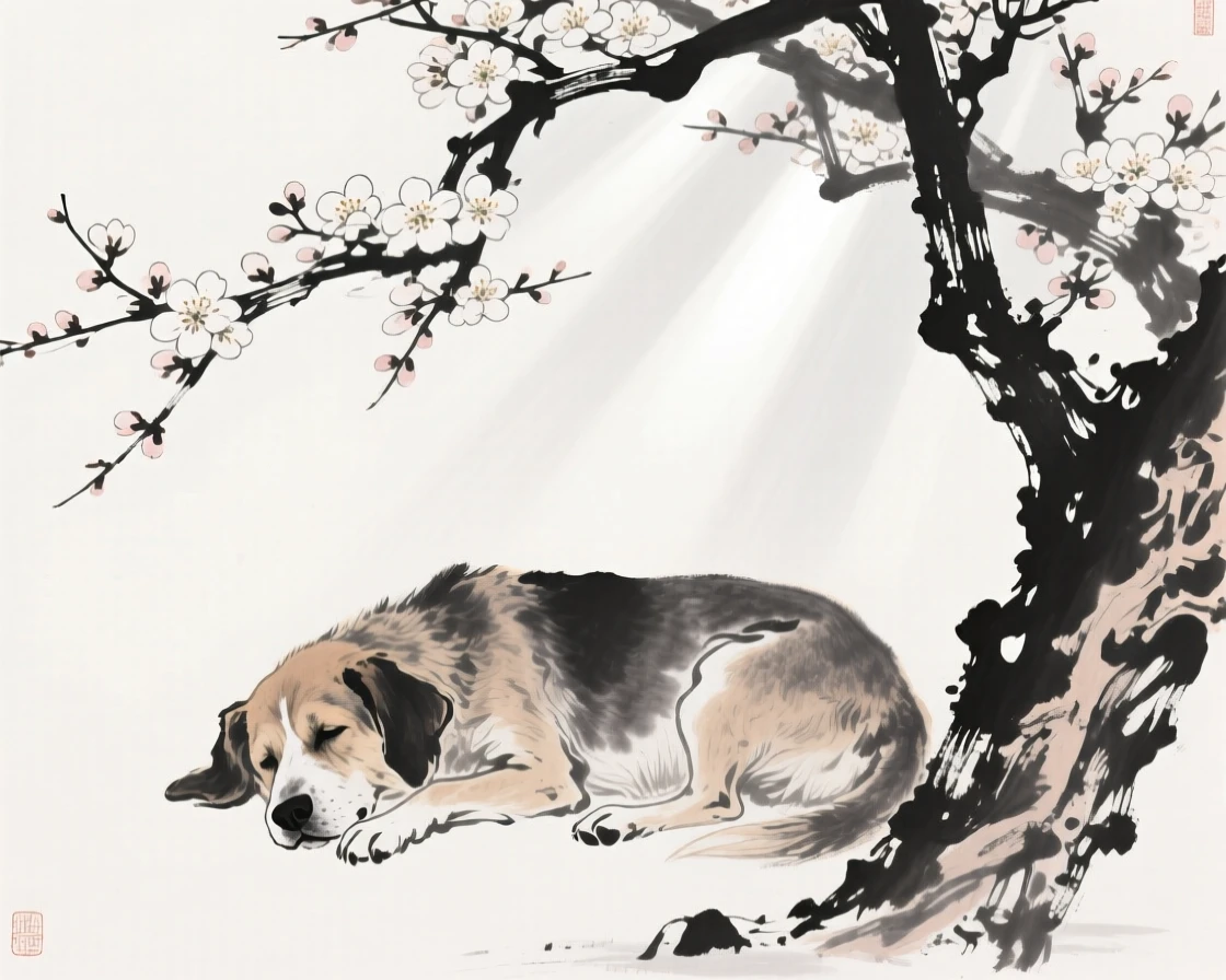 An old dog lies peacefully beneath a blossoming tree, with morning light falling softly across the scene.