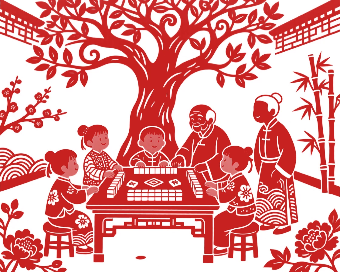 A group of children and elders gathered around a mahjong table under a shady courtyard tree