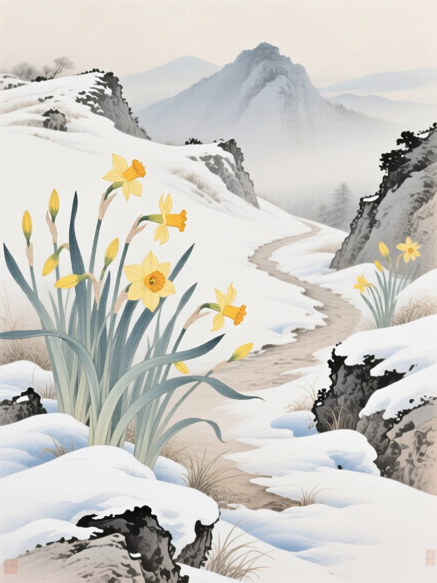 Daffodils pushing up through late winter snow growing wild along a mountain trail