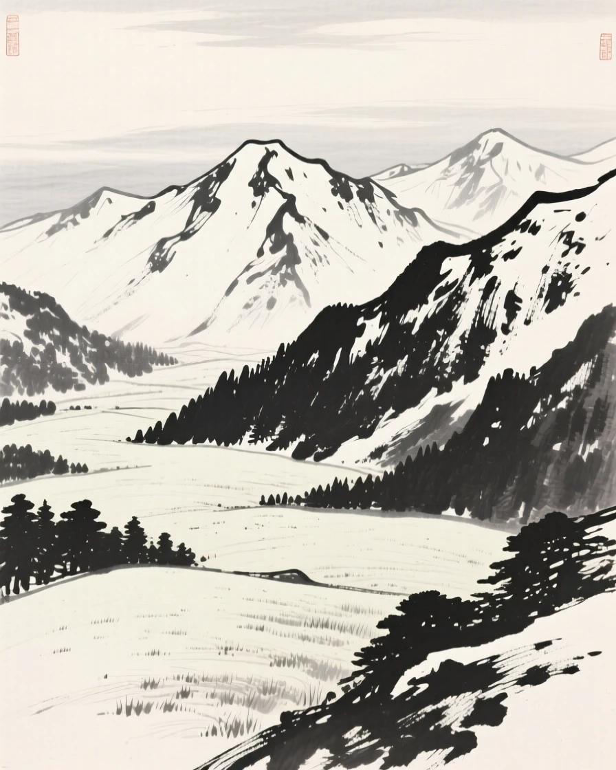 A high alpine meadow bordered by snow-capped ridges under a pale winter sky heavy with unfallen snow, viewed from a high vantage point looking down across the whole scene, carrying a feeling of timeless peace and stillness.