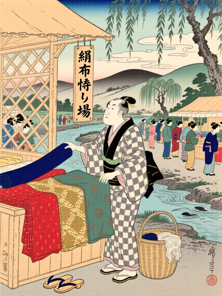 A silk merchant displaying bolts of fabric at a bustling stall.