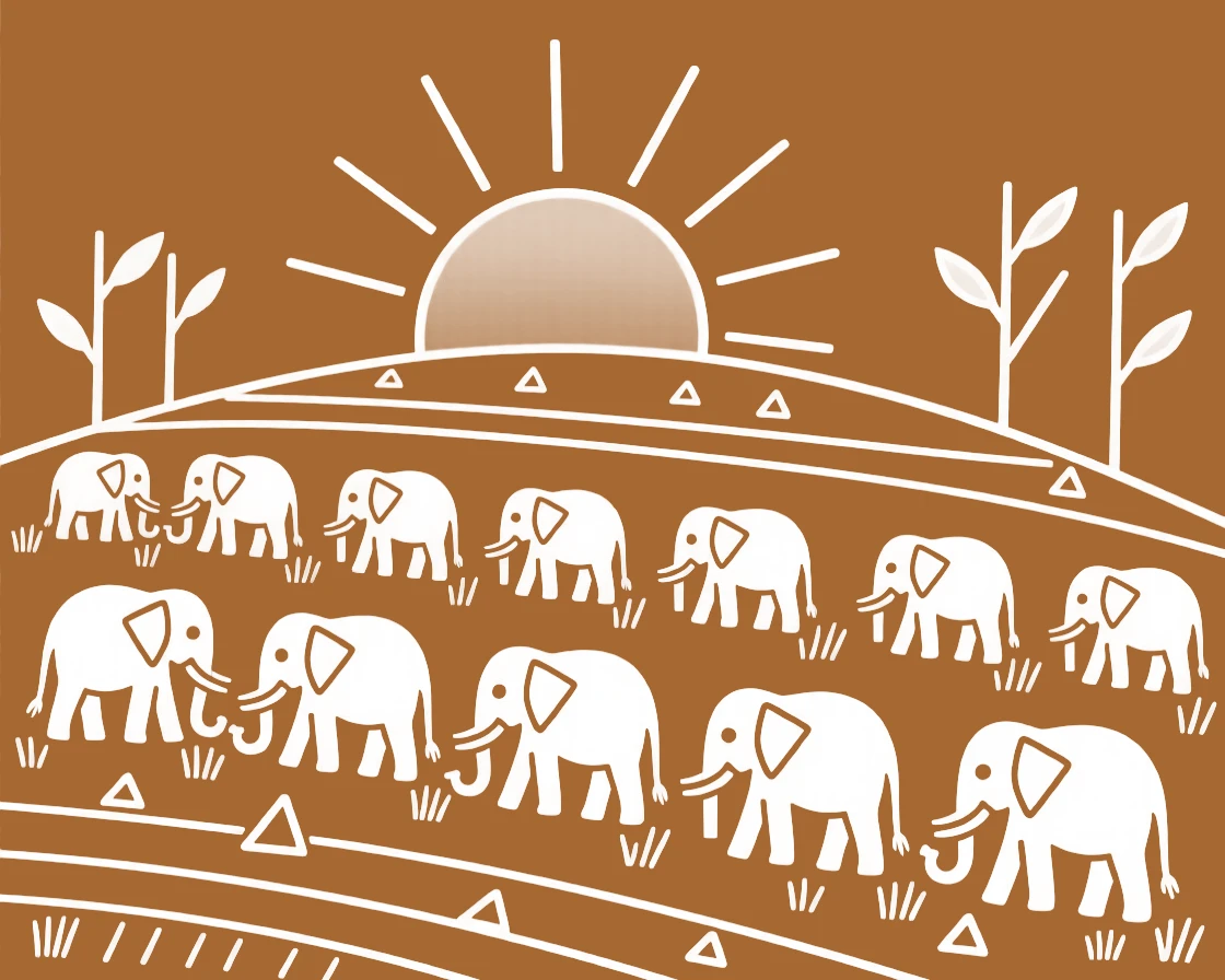 A herd of elephants grazing on a hillside at sunset.