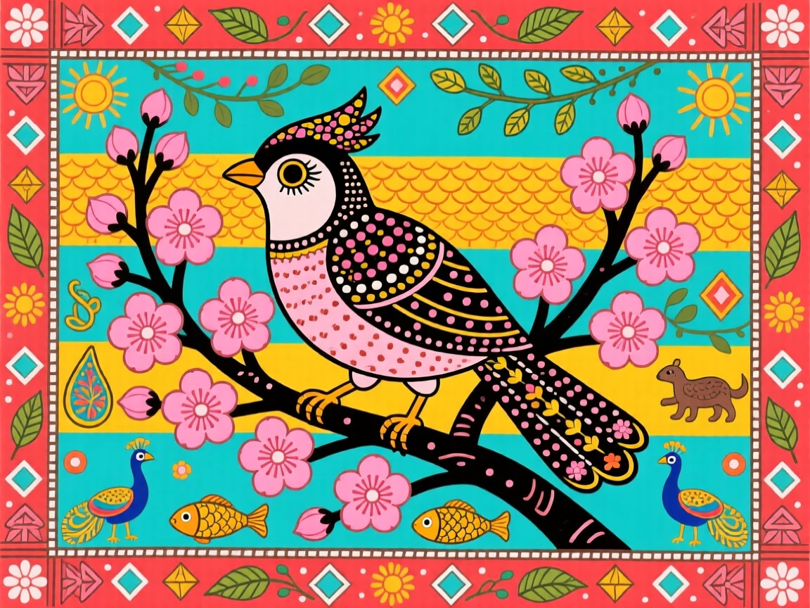 A bulbul singing from a branch heavy with pink blossoms.