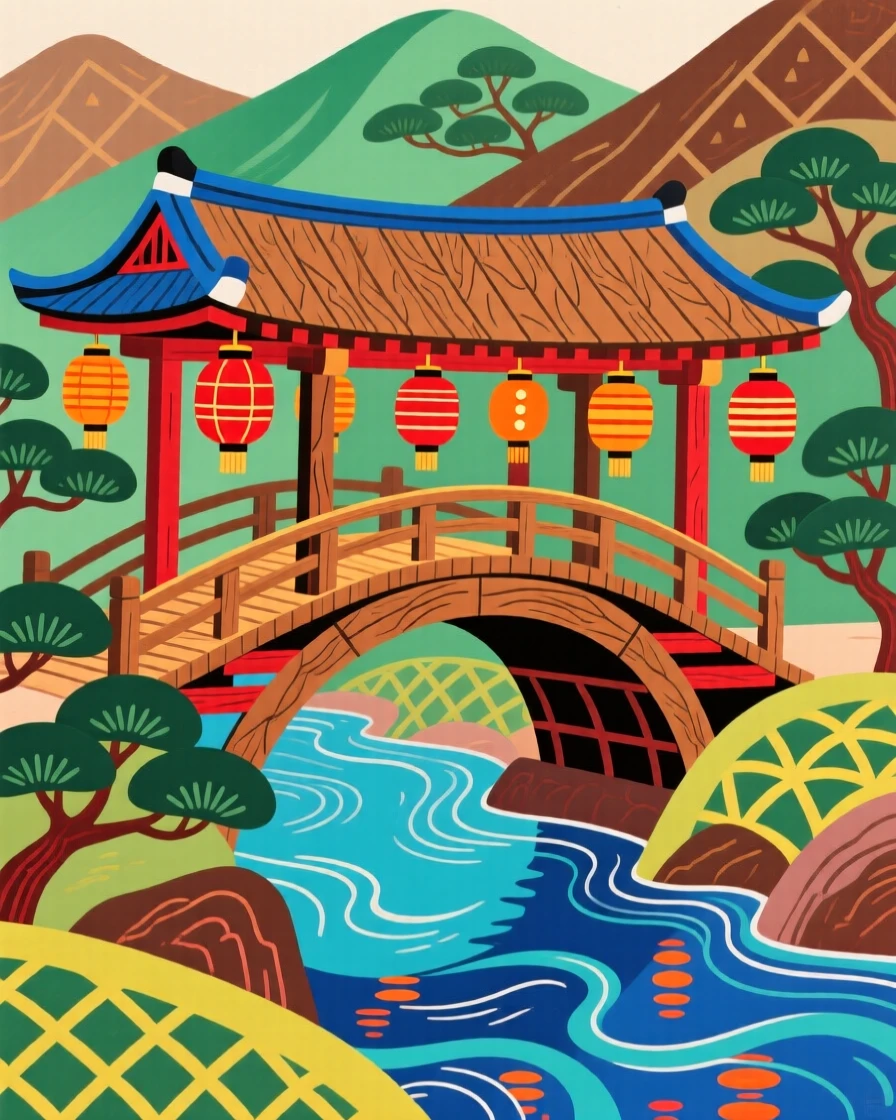 A view of a covered wooden bridge over a mountain stream, as lanterns are lit for the evening.