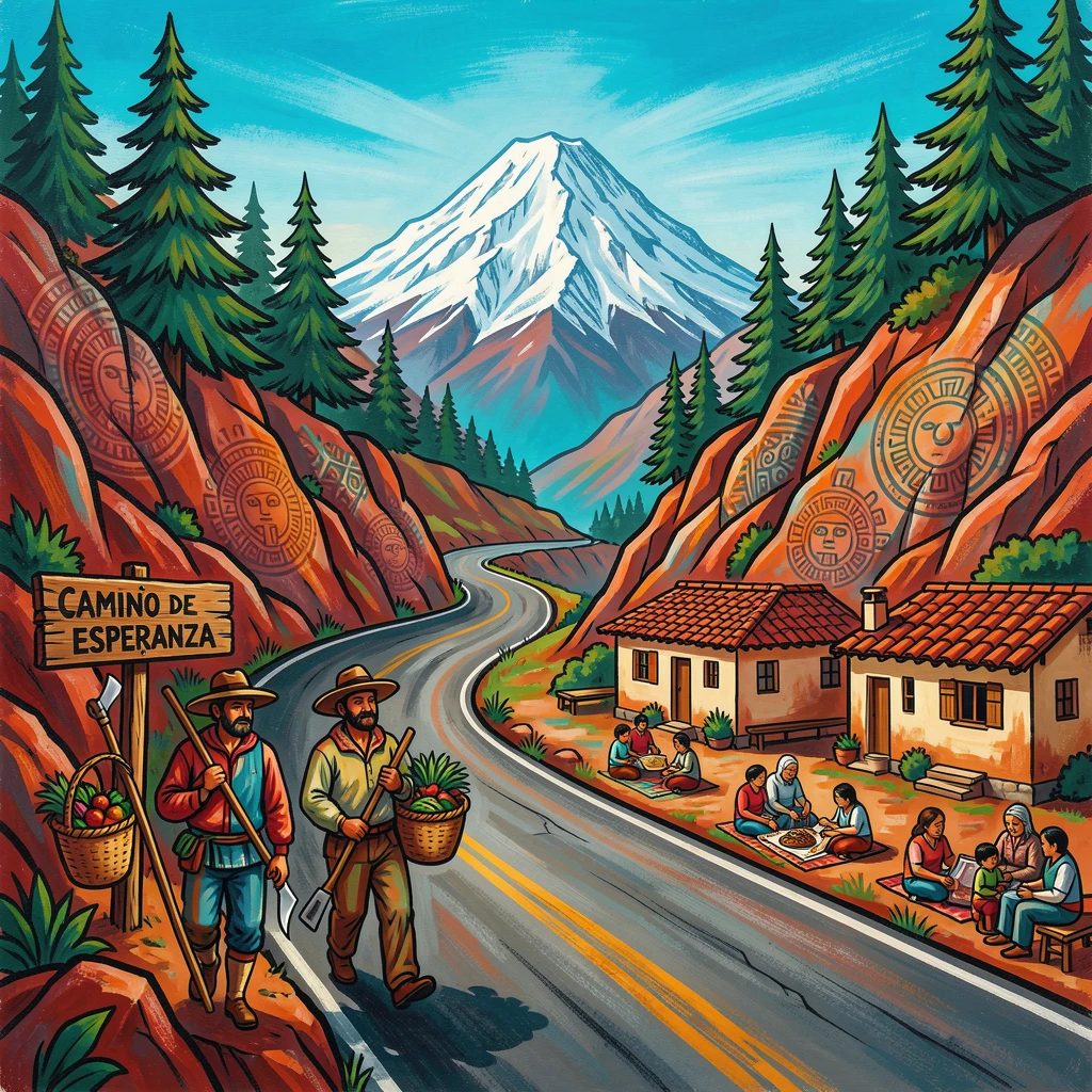 A winding mountain road leading toward a distant snowy peak