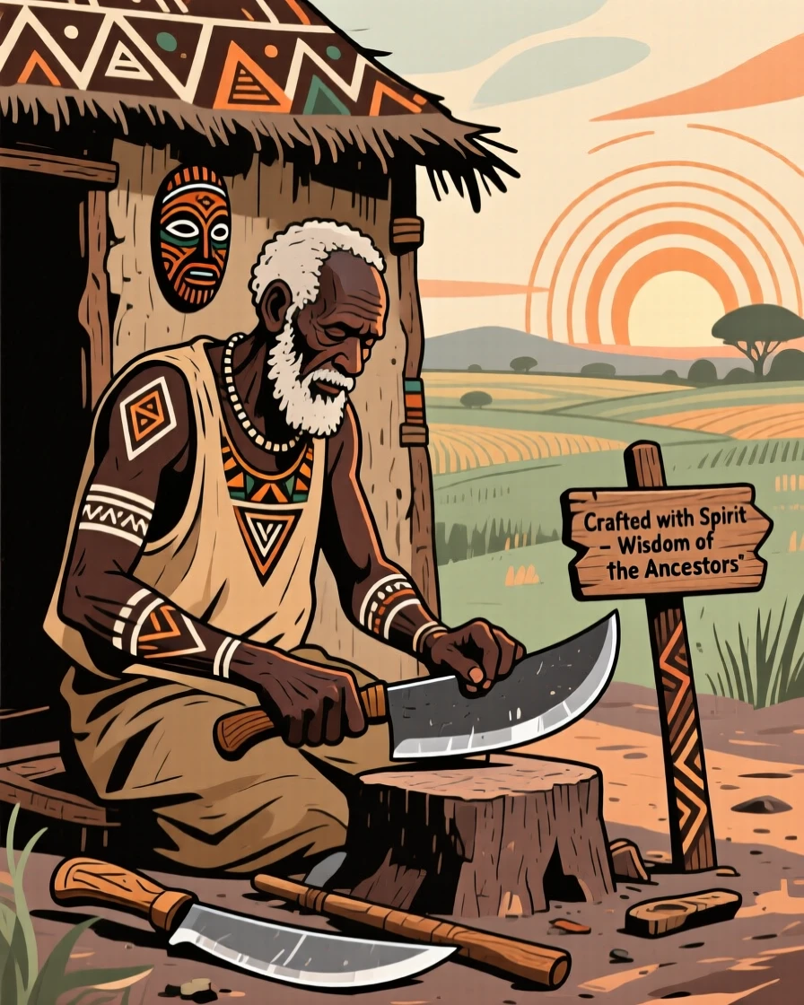 An old man sharpening tools outside his hut as the sun rises over the fields.