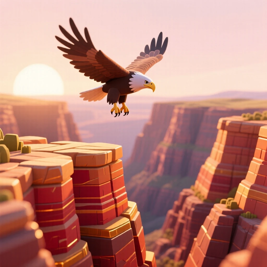 A dramatic canyon overlook at sunrise, layered rock glowing in warm hues, and a condor soaring on thermals above the gorge.