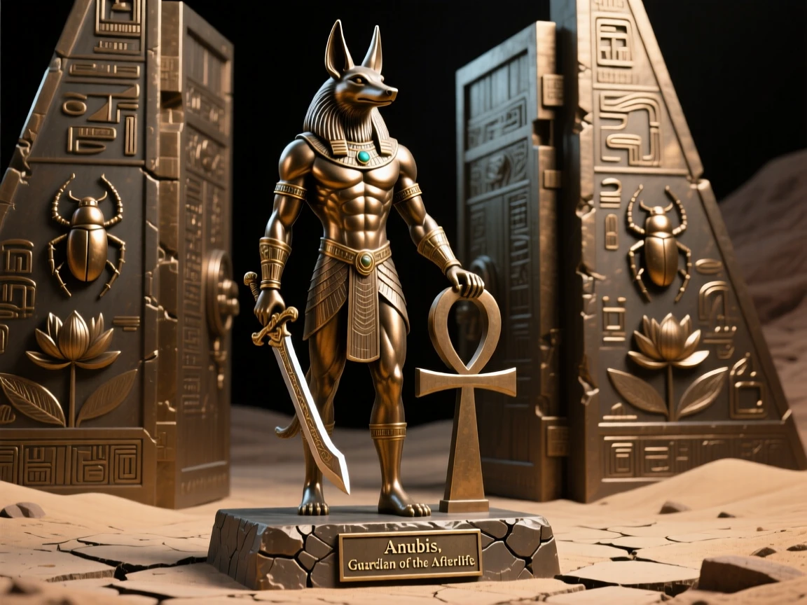 Anubis standing guard at the gates of the afterlife, with an aura of ancient power, radiating awe and grandeur