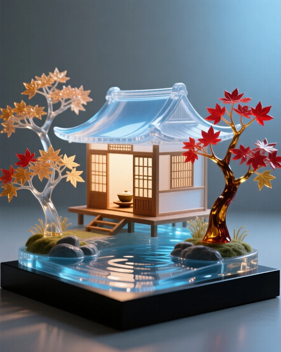 A traditional Japanese tea house in a maple garden at blue hour with soft ambient lighting beginning to glow, reflections shimmering nearby, evoking timeless elegance.