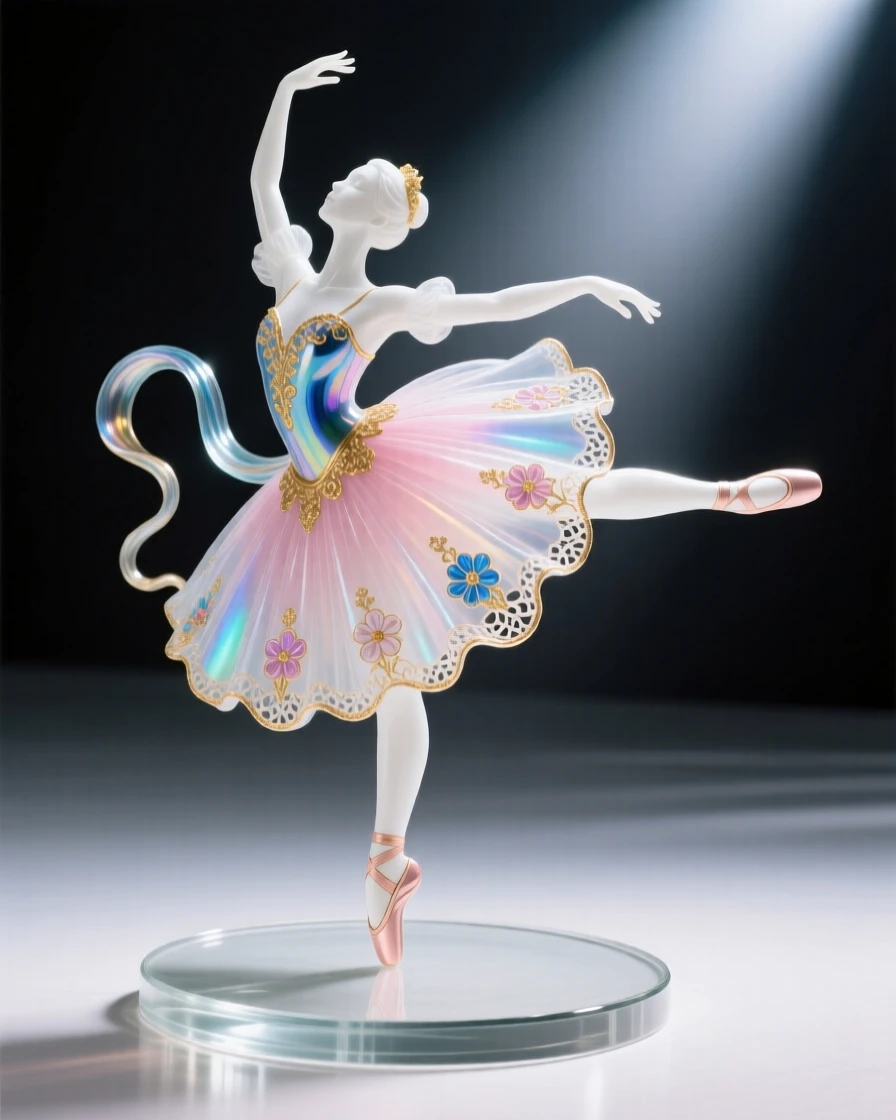 A ballerina mid-leap on an empty stage bathed in a single spotlight, graceful and dramatic.