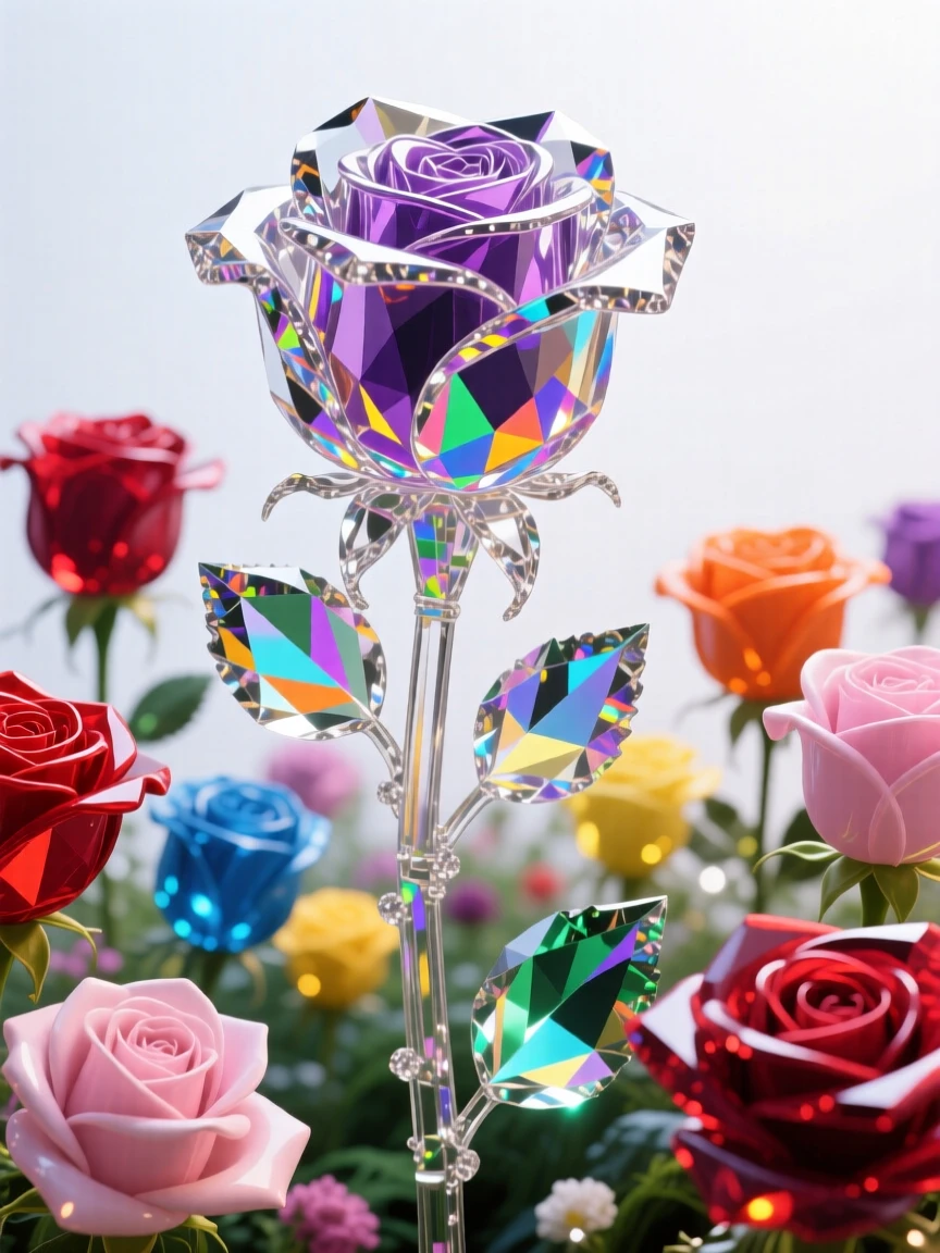 An enchanted rose garden where each flower blooms in a different glowing color.