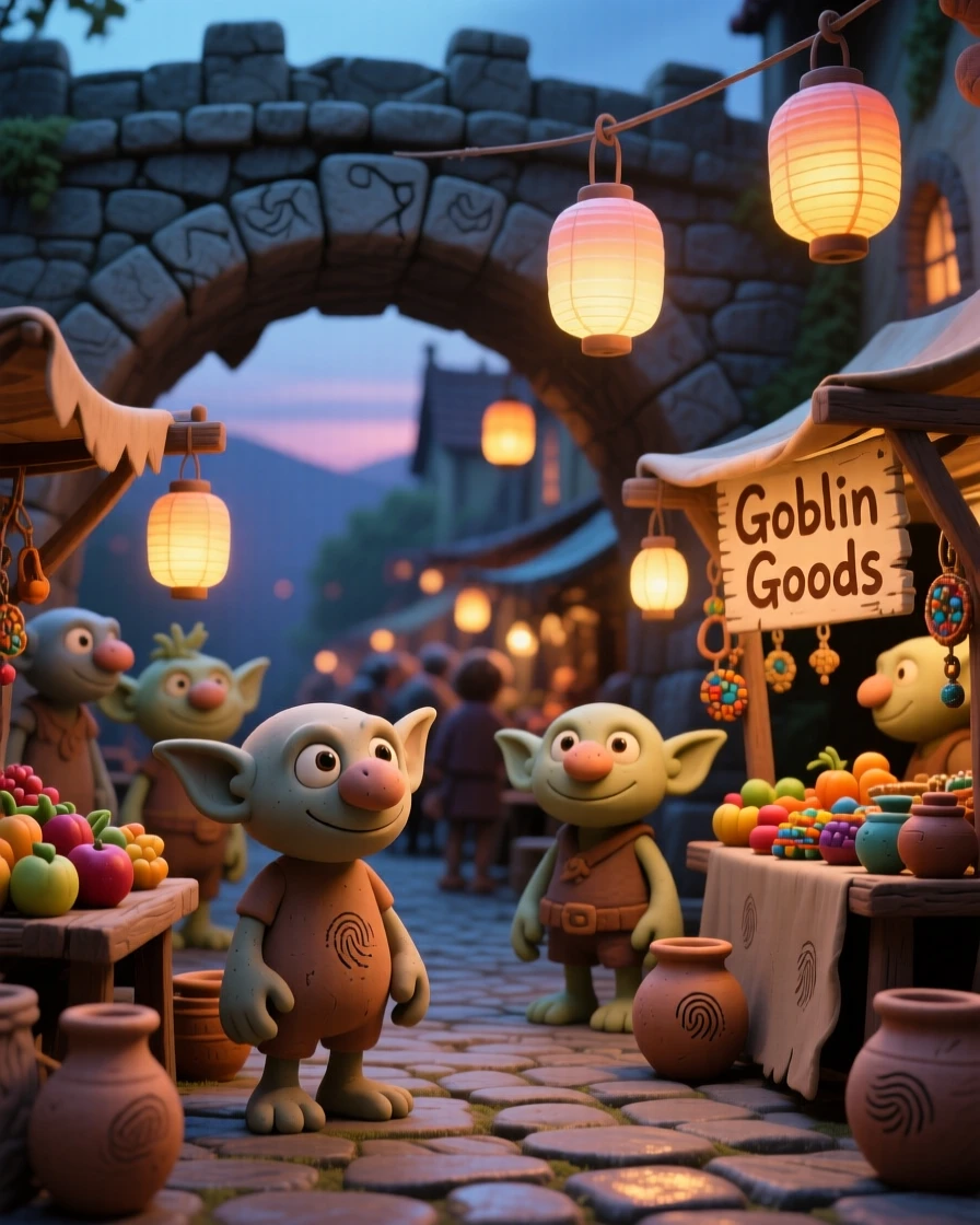 A goblin marketplace lit by floating lanterns beneath a bridge