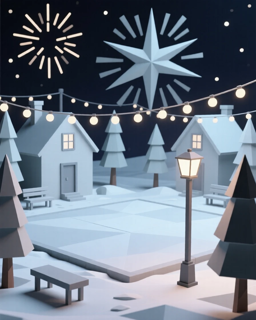A quiet snowy village square lit with string lights, beneath a sky full of fireworks. small charming details enrich the festive setting. There is a joyful, festive energy in the air.
