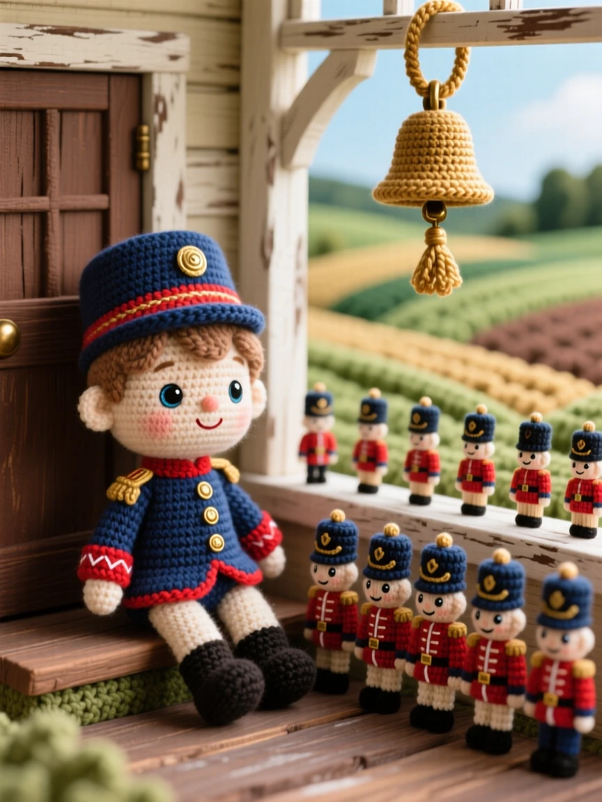 a small boy toy soldier collector, arranging figures on a windowsill, lining up tiny wooden soldiers in a row, in a rustic farmhouse porch overlooking rolling fields, with a small brass bell hanging by the door nearby, conveying tender patience and unhurried craftsmanship.