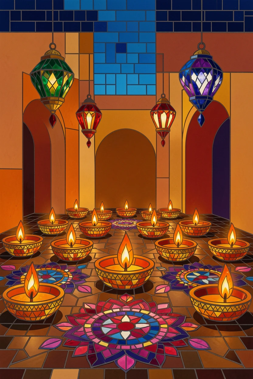 A vibrant, festive scene of a vibrant Diwali celebration with glowing oil lamps lining a courtyard, rich in color and cultural detail.