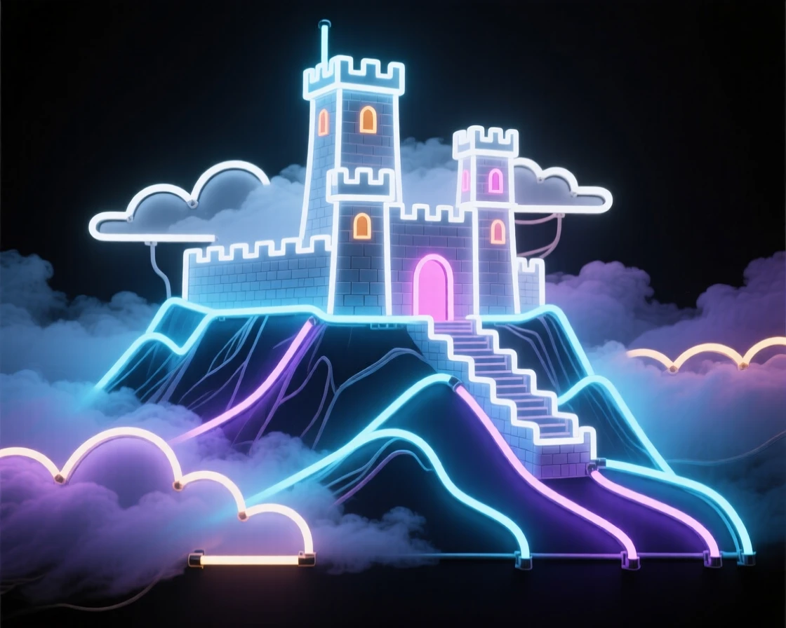 A mountaintop fortress wrapped in low clouds.