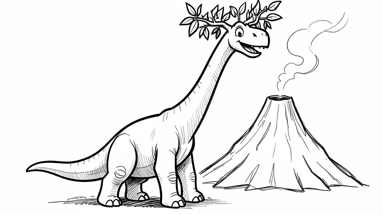 A towering brachiosaurus reaching a treetop beside a volcano in the distance.