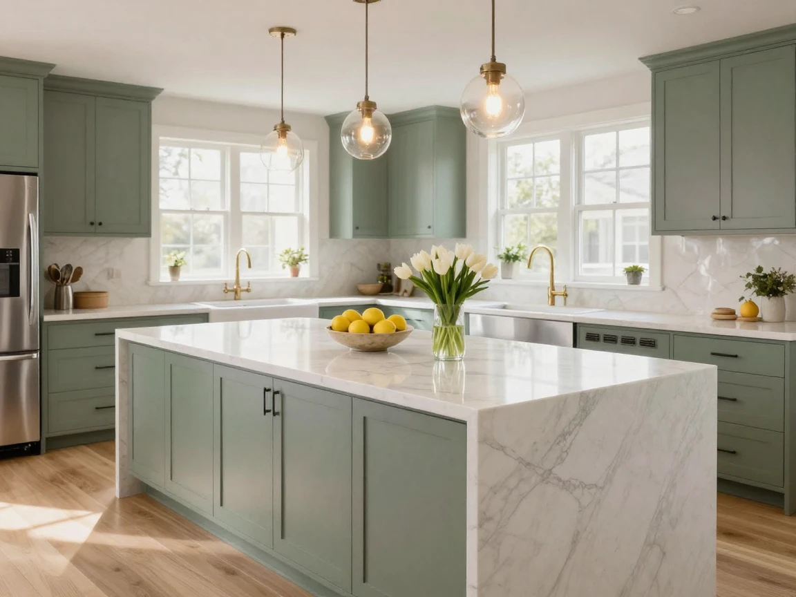 A modern kitchen island with marble countertops and pendant lights