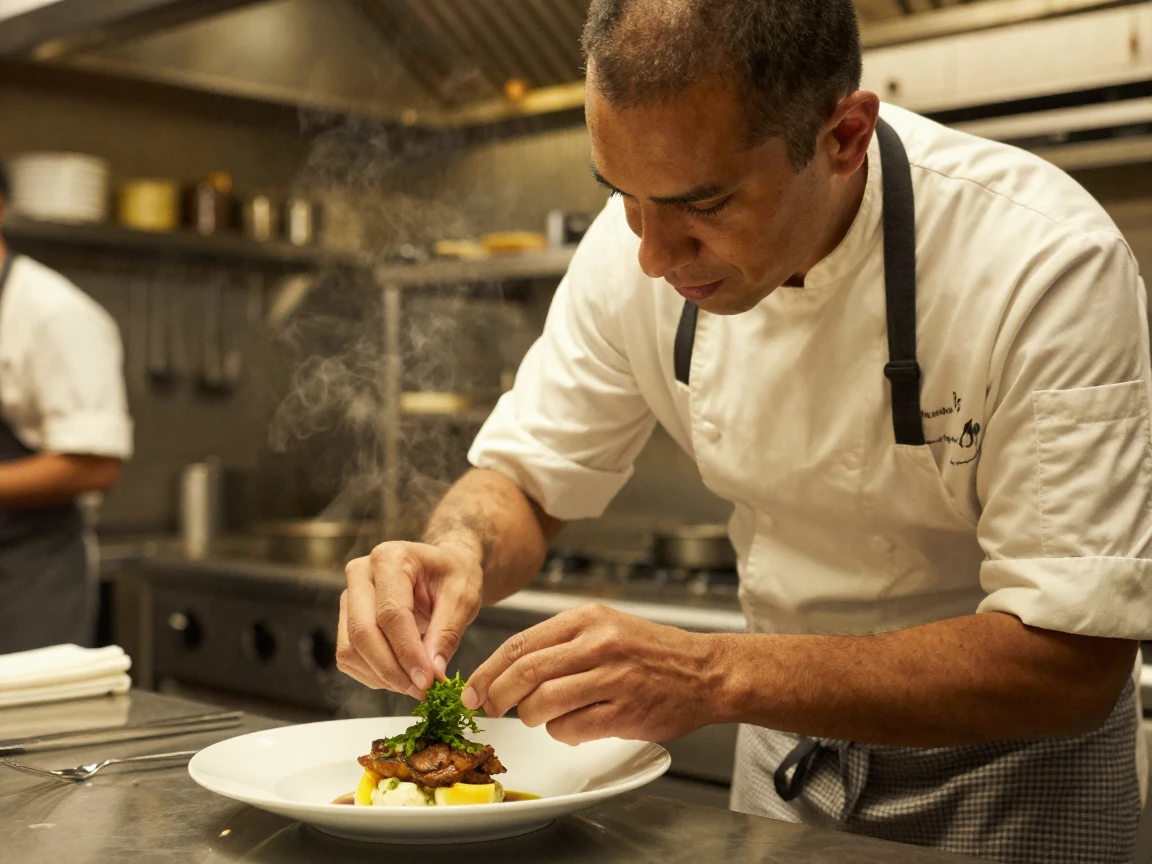 A chef finishes a dish with a delicate herb garnish under warm kitchen light.