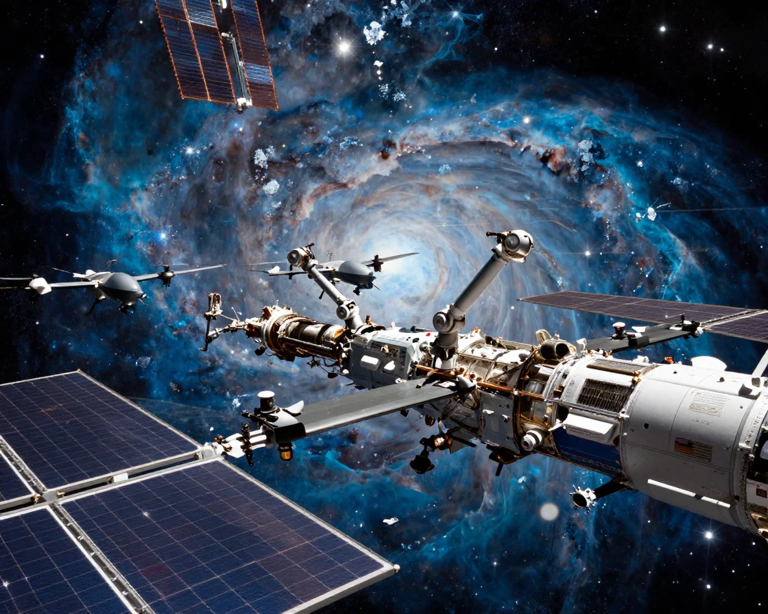 A fleet of drones repairing solar panels during a spacewalk within a vast icy nebula