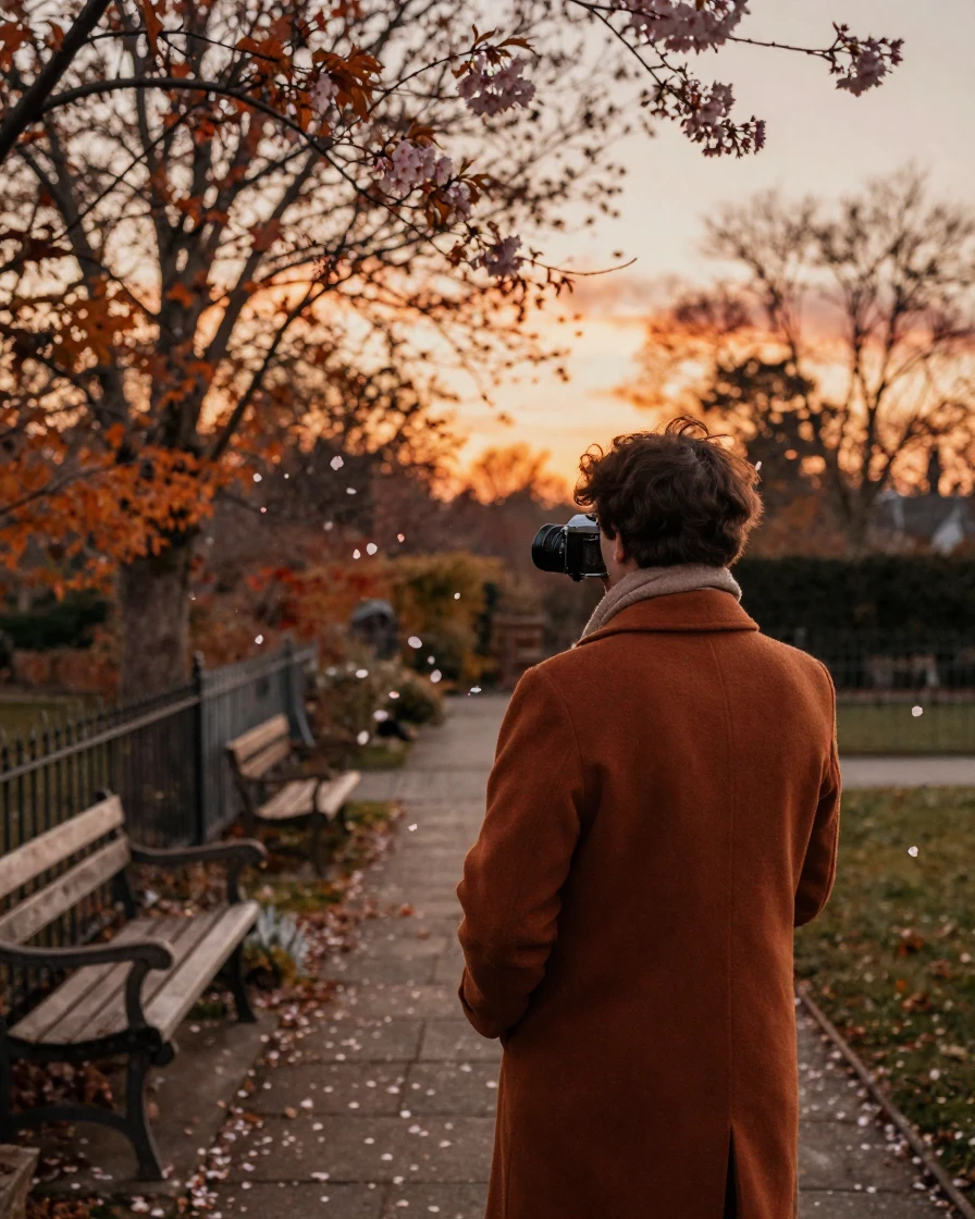 Cherry blossoms drifting gently onto a quiet garden path, under a glowing sunset sky, in crisp, dry air, in late autumn, dominated by warm amber and rust tones, over the shoulder of the main subject.