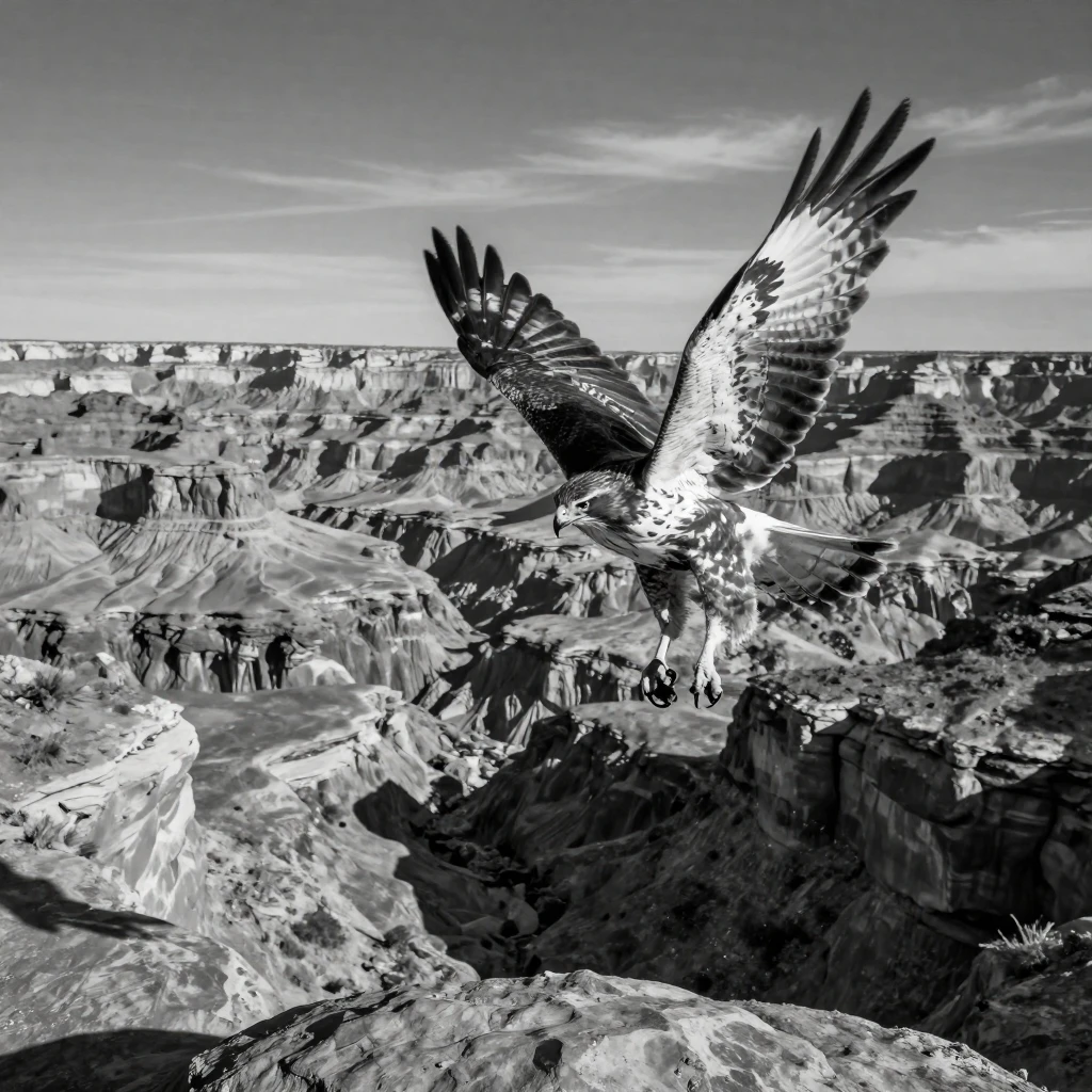 A hawk dives suddenly to catch its prey over a dramatic desert canyon.